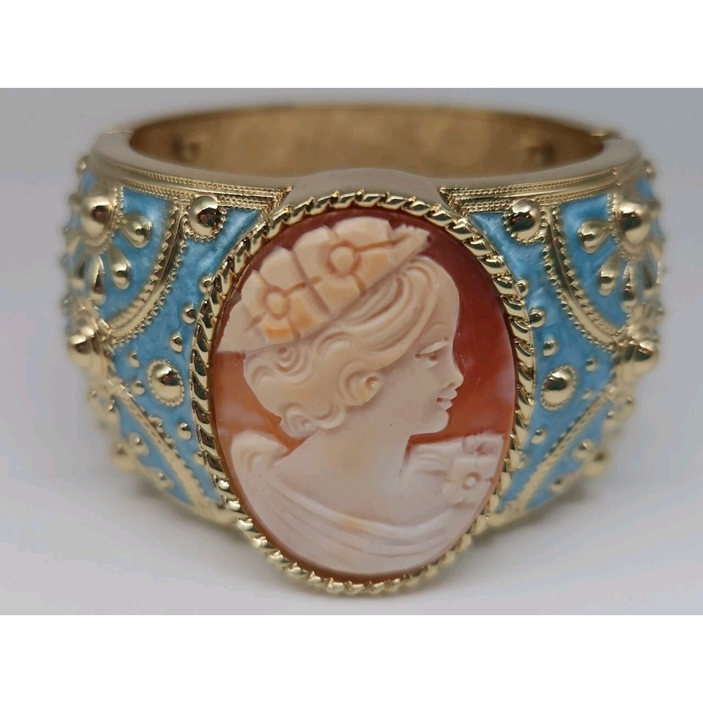 Amedeo NYC 40MM Cameo Goldtone & Blue Enamel Hinged Art Bracelet with box - Picture 4 of 11